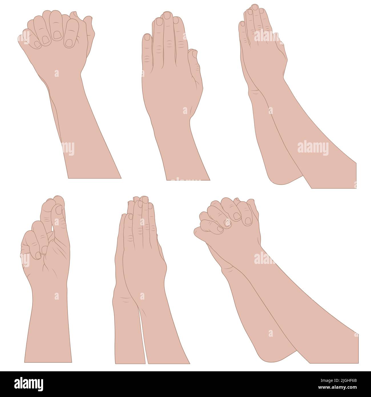 Illustration of different praying hands isolated on white Stock Photo