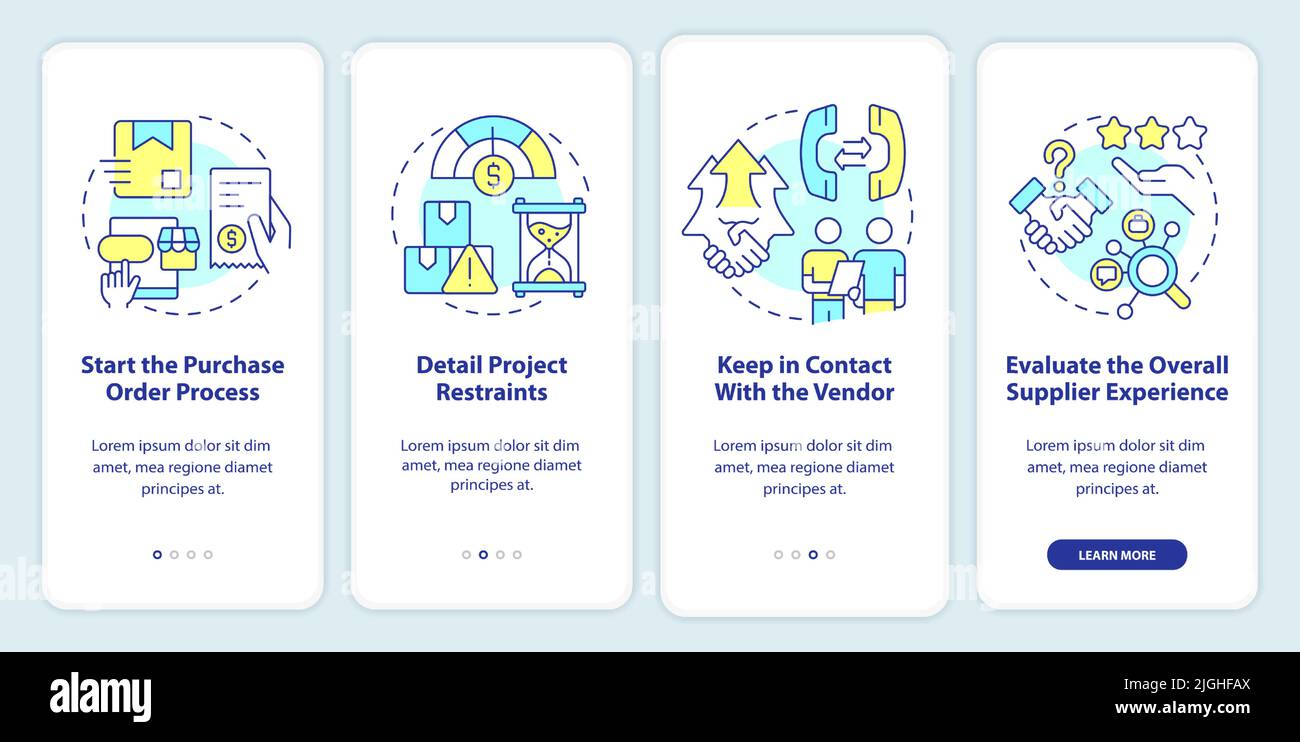 Steps for procurement planning onboarding mobile app screen Stock ...