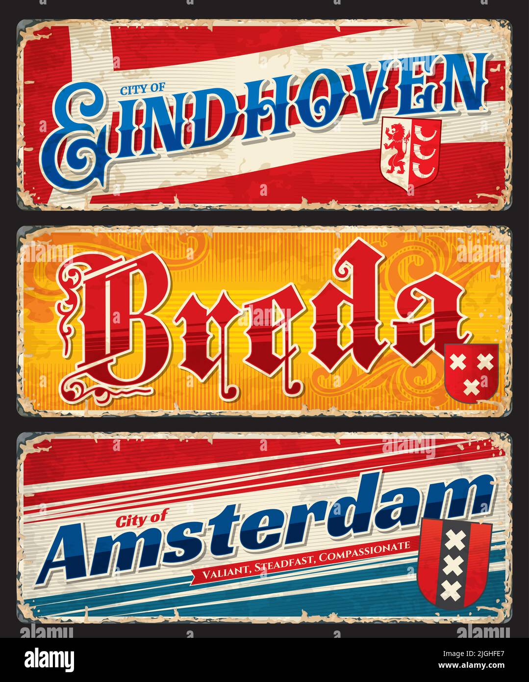 Amsterdam, Breda, Eindhoven, Dutch city travel stickers and plates