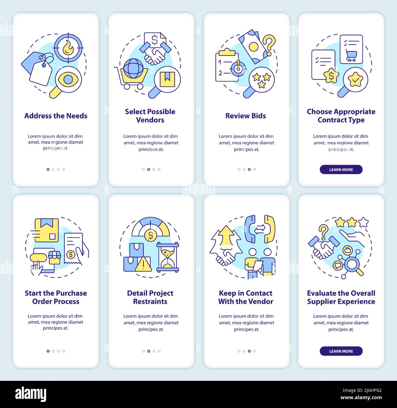Create effective procurement plan onboarding mobile app screen set ...
