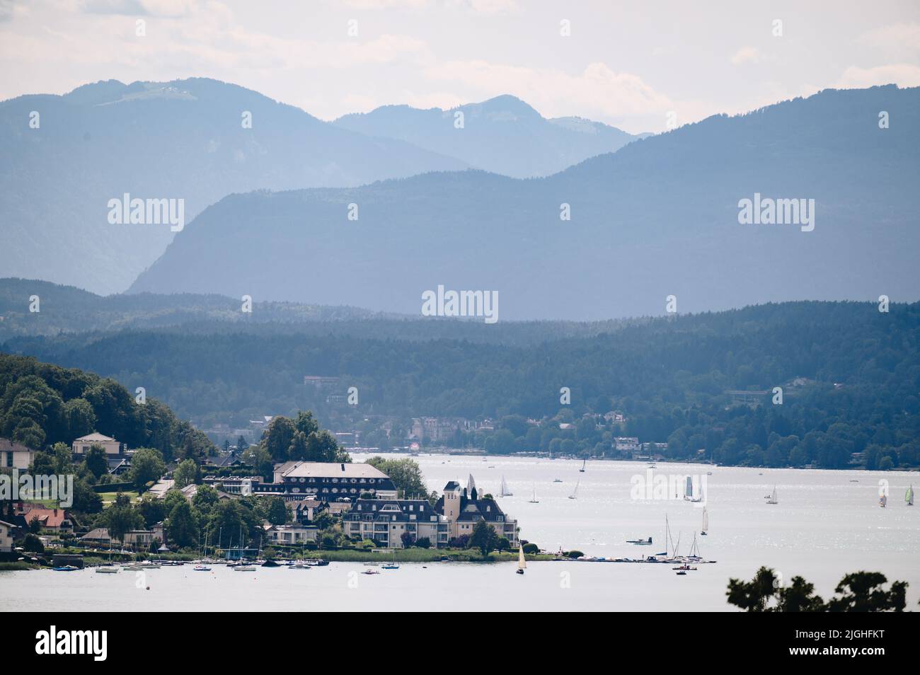 WORTHERSEE LAKE, AUSTRIA - JULY 9, 2022: view of the lake Woerthersee, a lake in the southern Austrian state of Carinthia. Bathing lake and an importa Stock Photo