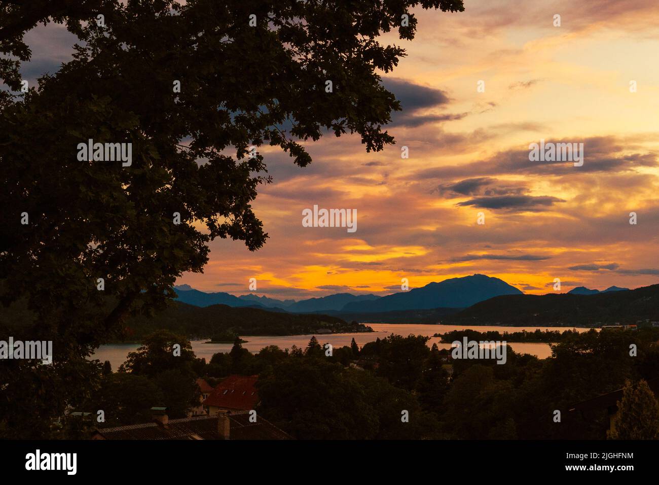 WORTHERSEE LAKE, AUSTRIA - JULY 9, 2022: view of the lake Woerthersee, a lake in the southern Austrian state of Carinthia. Bathing lake and an importa Stock Photo