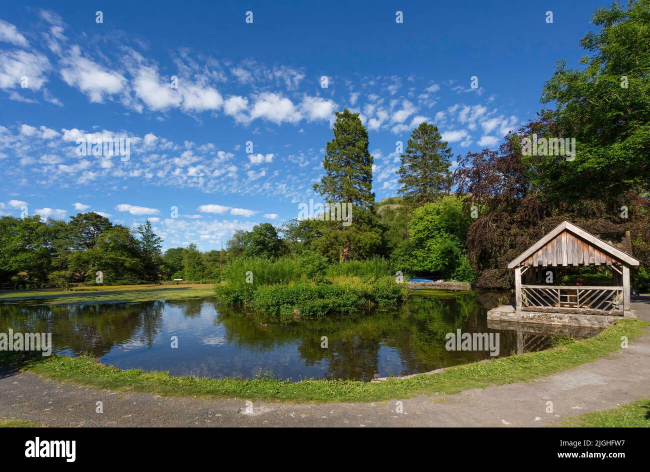 Summer scene at the main lake at Craig y Nos Country park in the Swansea Valley, South Wales UK. Stock Photo