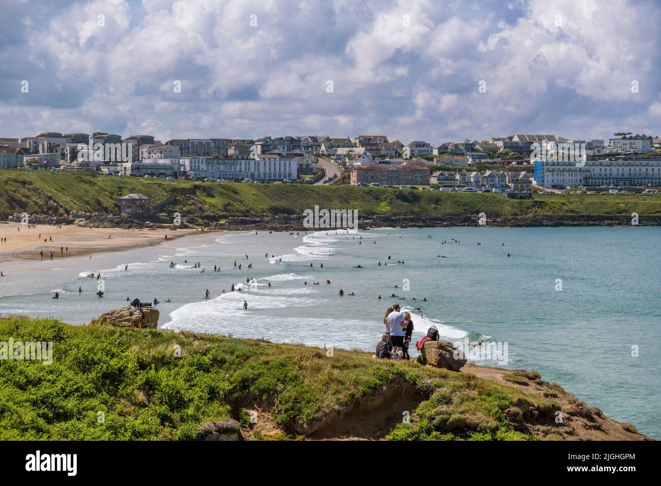 Fistral Bay.  A popular surfing and holiday destination in Newquay in Cornwall in the UK. Stock Photo