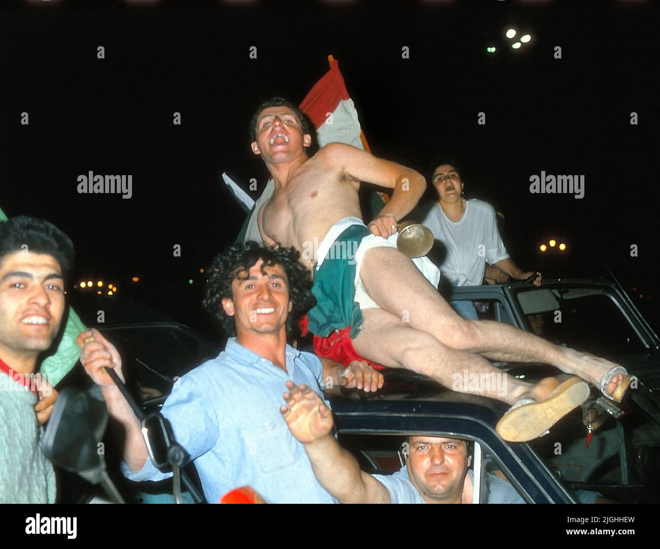 Naples, Italy. July 11, 1982. the Neapolitans celebrate the victory of the Italian soccer team at the soccer world championships held in Spain. The match was played in Madrid. Stock Photo
