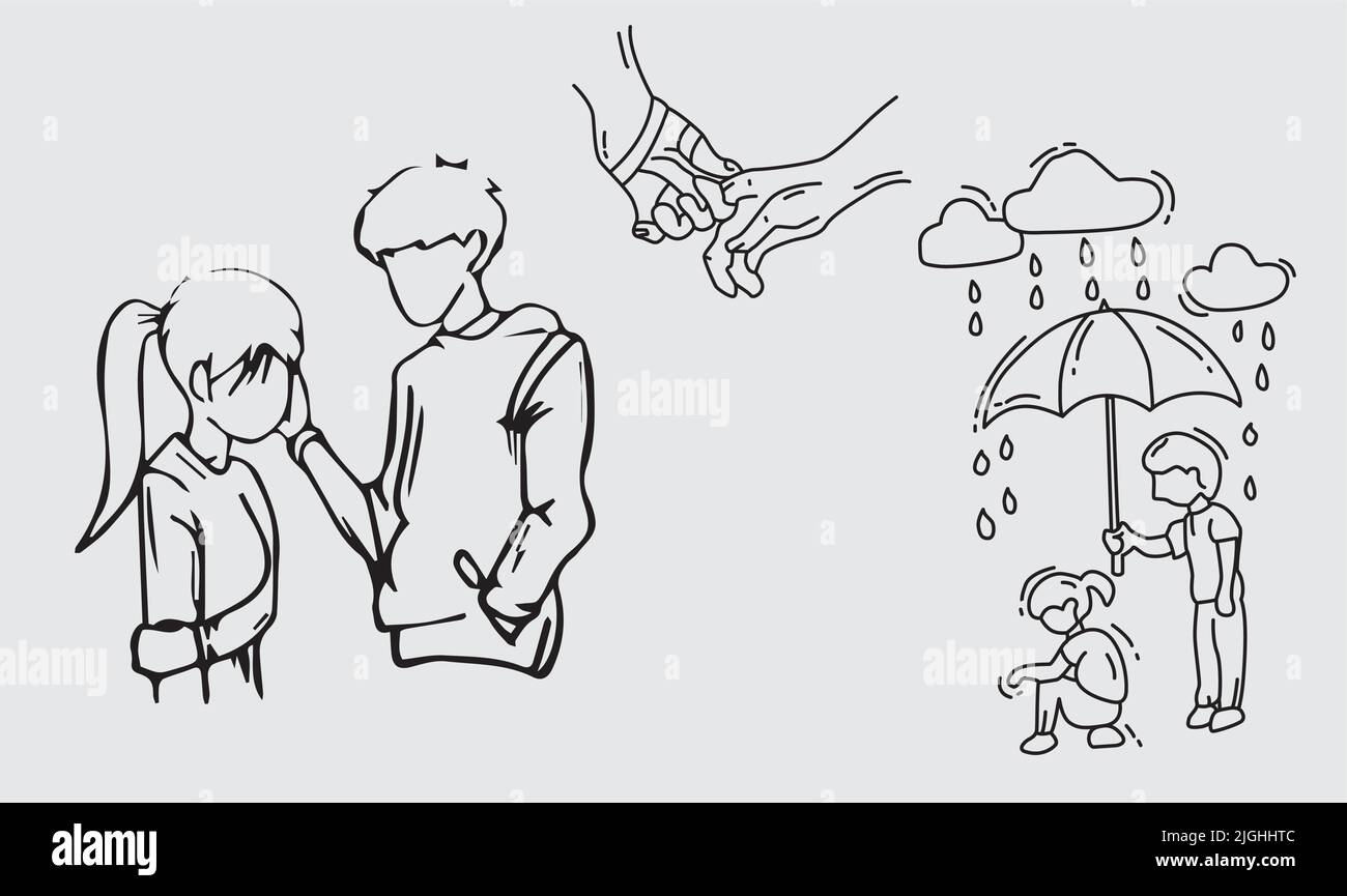 Line art drawing pen a couple of lovers, a couple carrying an umbrella when it rains, and a couple holding hands. Suitable for novel book covers. Stock Vector