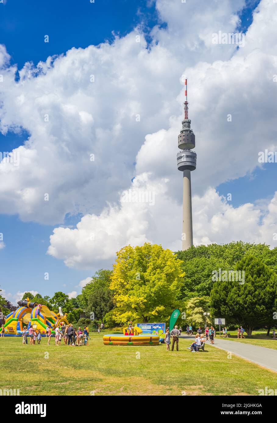 Playground in front of the Florian tower in the Westfalen park of Dortmund, Germany Stock Photo