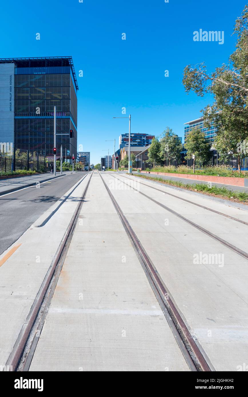 June 2022 Macquarie Street, Parramatta, Australia: The new Parramatta Light Rail Stage 1 project in western Sydney is due for completion in 2023 Stock Photo