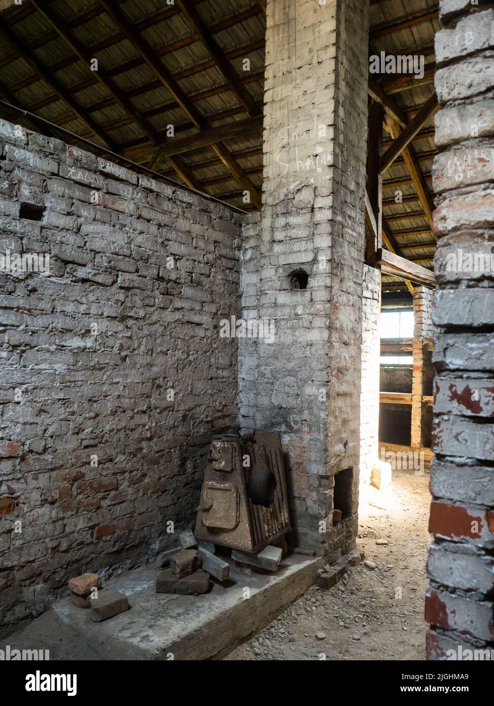 Oświęcim, Poland - June, 2019: Furnace inside of barrack in Auschwitz Birkenau Concentration Camp. Jewish extermination camp. Europe Stock Photo