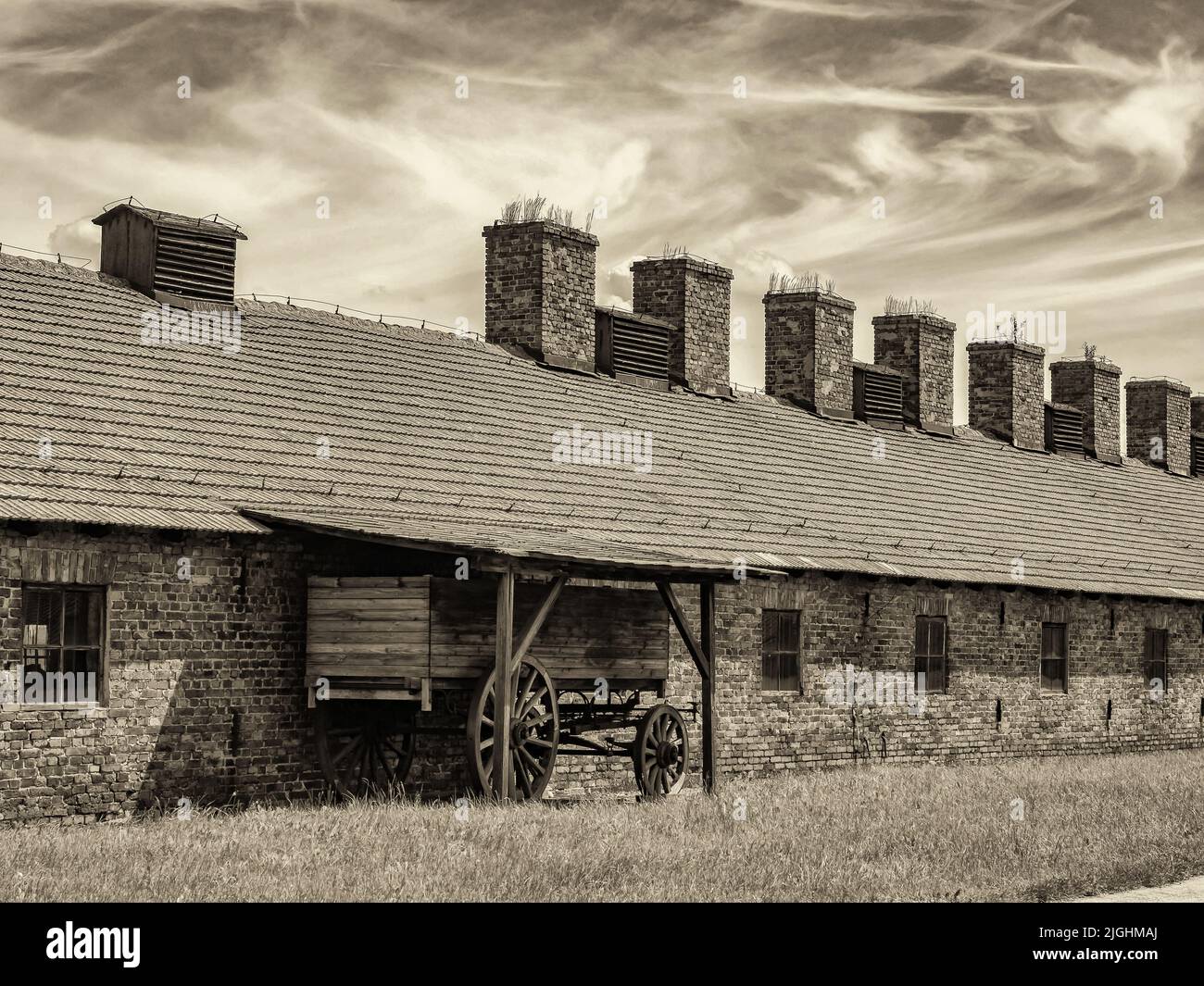 Oświęcim, Poland - June, 2019: Red brick barracks in Auschwitz Birkenau Concentration Camp.  Jewish extermination camp. Europe Stock Photo