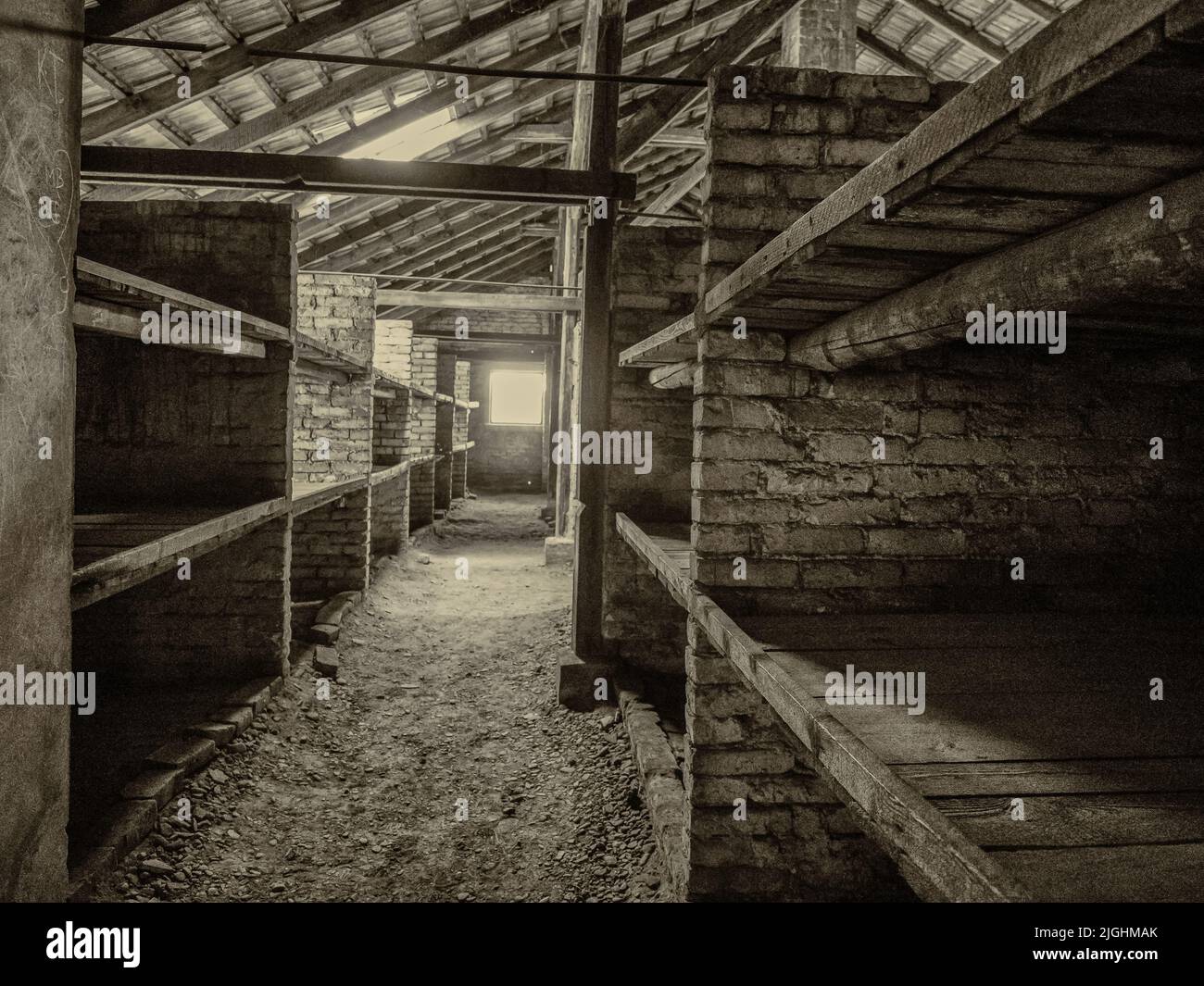 Oświęcim, Poland - June, 2019: Interior of barrack in Auschwitz Birkenau Concentration Camp. Jewish extermination camp. Europe Stock Photo