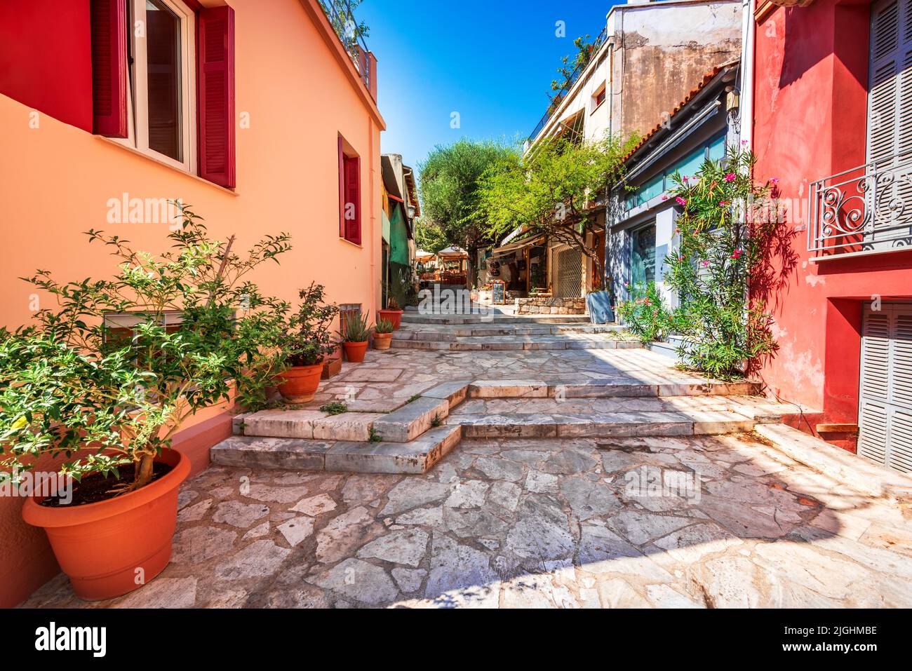 Athens, Greece - Cozy street in old Athens, Plaka famous medieval district in  Monastiraki. Stock Photo