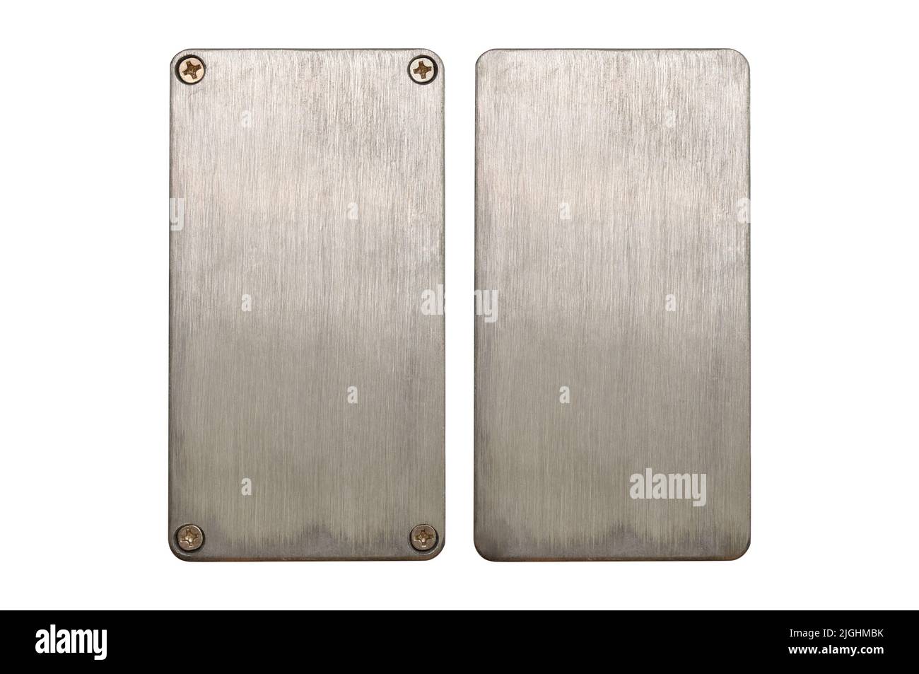 Silver aluminum enclosure, Aluminium enclosure for electronics parts, Front and Back of enclosure, guitar pedal Stock Photo