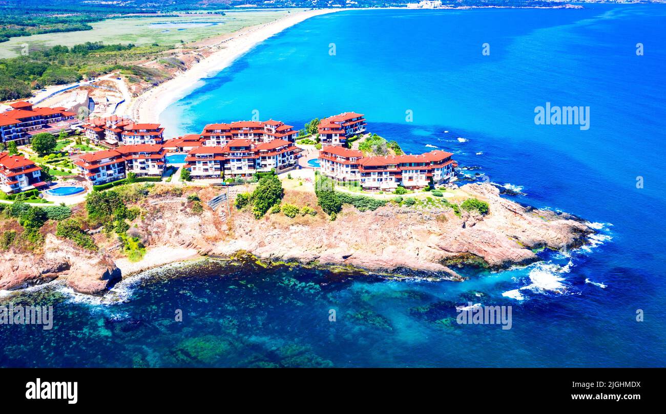 Arkutino, Bulgaria. Aerial panoramic view of picturesque Black Sea coastline with Arkutino natural peninsula. Stock Photo