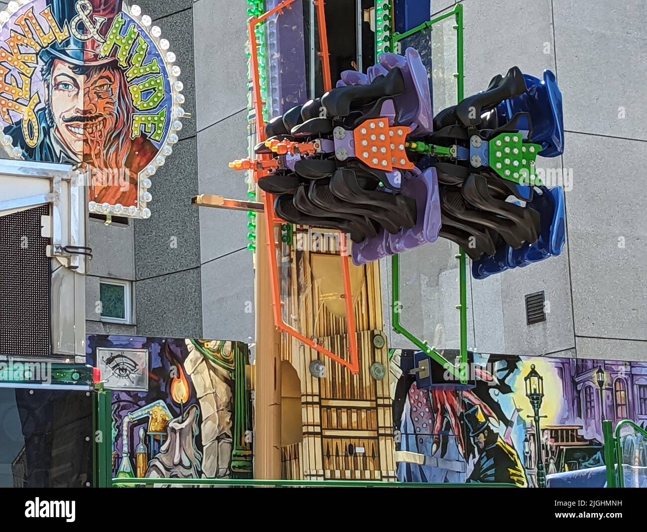 The details of the fairground ride with painted decorations of Dr
