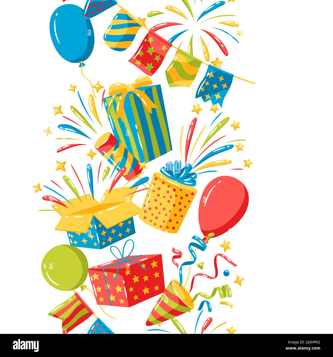 Seamless pattern with holiday decoration items. Color objects for celebration, party and anniversary. Stock Vector