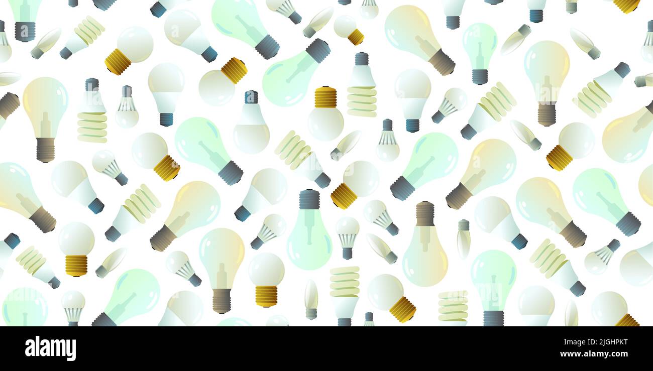 Glass electric light bulb. Lighting device. Energy Saving Technologies. Isolated on white background. Seamless pattern. Vector Stock Vector