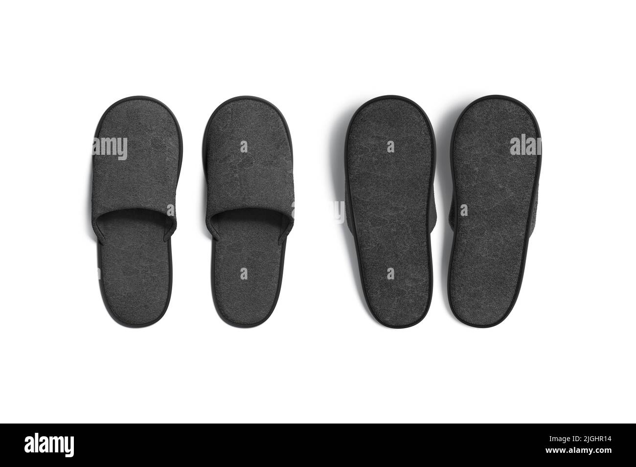 Blank black home slippers mockup, top view, front and back Stock Photo