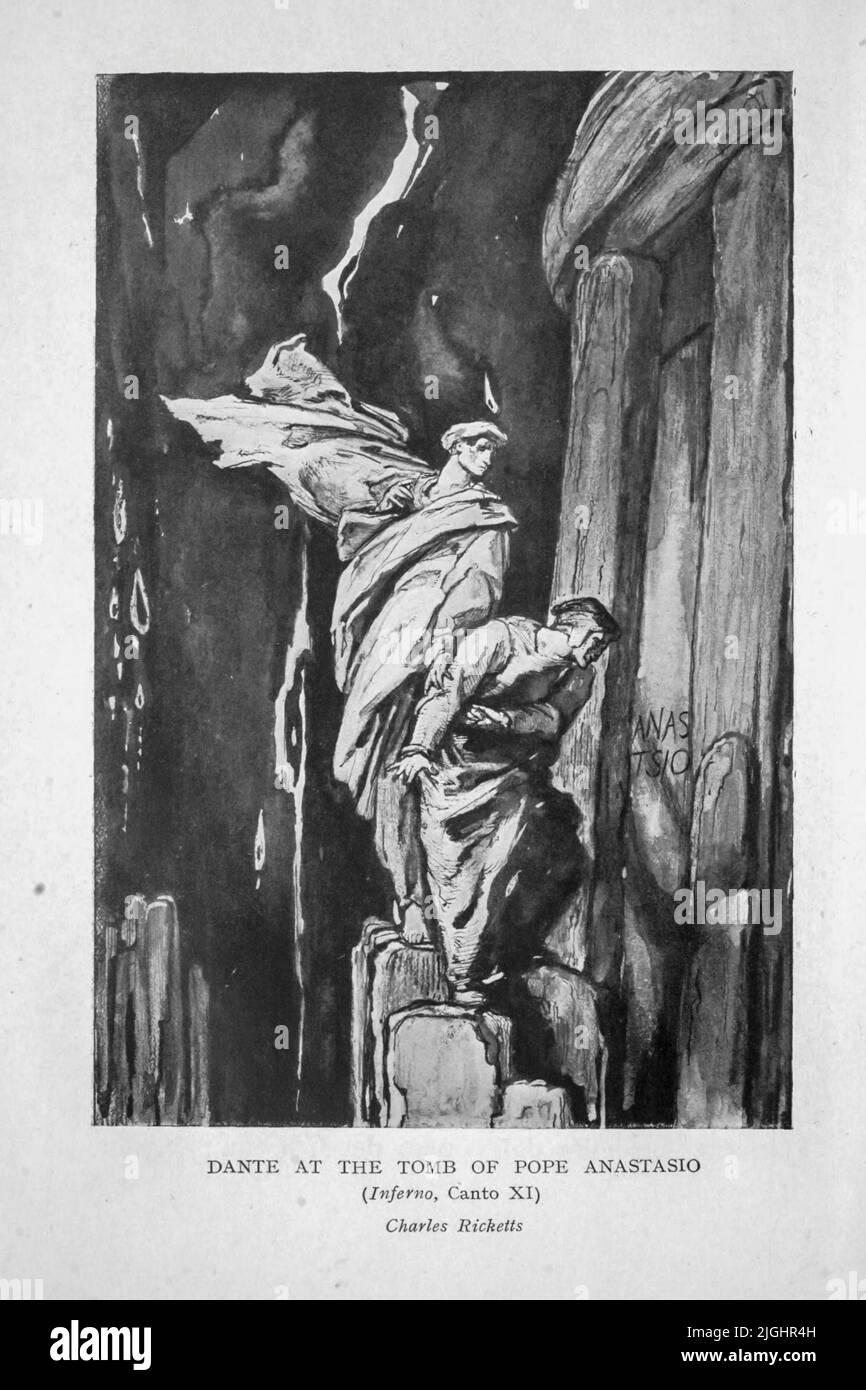 DANTE AT THE TOMB OF POPE ANASTASIO (Inferno, Canto XI) . Charles RIcketts From ' The Book of Italy ' by Raffaello Piccoli, Publication date 1916 Publisher London. Unwin Stock Photo