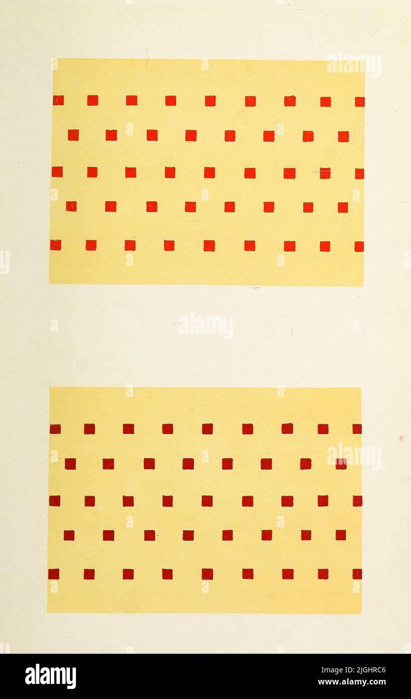 Red spots in two different strengths on a light ground showing how, in the case of the dark spots, the great tone-contrast tends to destroy the red so that it appears as a dark rather than as a colour, whereas in the Hghter spots the sense of red colour is maintained From the book ' Suggestions for the study of colour ' by Henry Barrett Carpenter, Publication date 1915 Publisher Rochdale School of Art Stock Photo