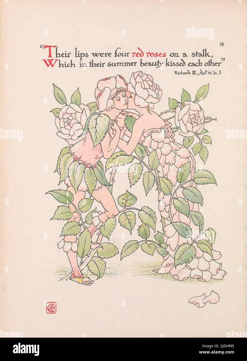 Their Lips were four Red Roses on a stalk, which in their summer beauty kissed each other [ Richard III Act IV scene 3 ] From the book ' Flowers from Shakespeare's garden : a posy from the plays ' Illustrated by Walter Crane, 1845-1915; based on William Shakespeare, 1564-1616 Publication date 1909 Publisher [London] : Cassell & Co., Ltd. Stock Photo
