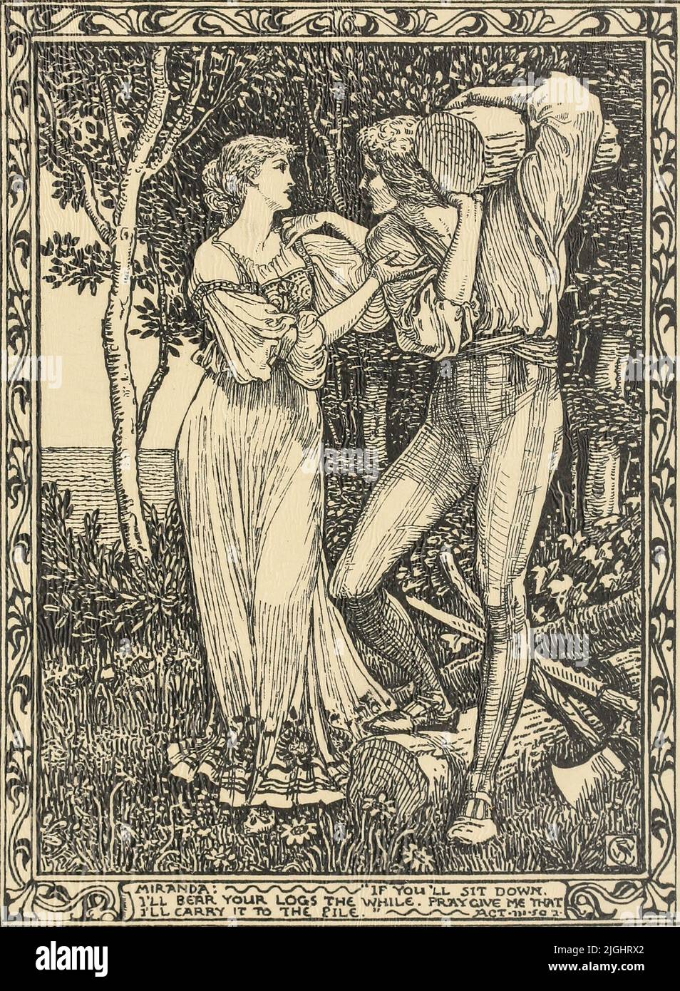 Miranda - If you'll sit down I'll bear your logs the while. Pray give me that, I'll carry it to the pile [Act 3 Scene I] Illustrations to Shakespeare's Tempest by Walter Crane, 1845-1915; Engraved by Duncan C Dallas, Publication date 1894 Publisher London : J. M. Dent ; Boston : Copeland & Day Stock Photo