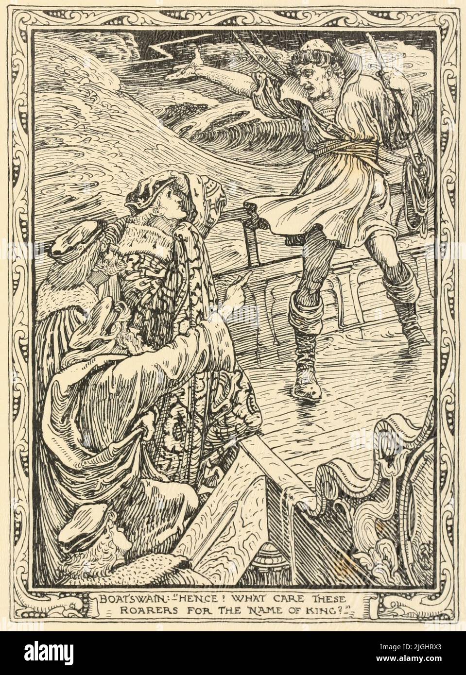 Boatswain - Hence ! what care these roarers for the name of king? [Act 1 Scene I] Illustrations to Shakespeare's Tempest by Walter Crane, 1845-1915; Engraved by Duncan C Dallas, Publication date 1894 Publisher London : J. M. Dent ; Boston : Copeland & Day Stock Photo