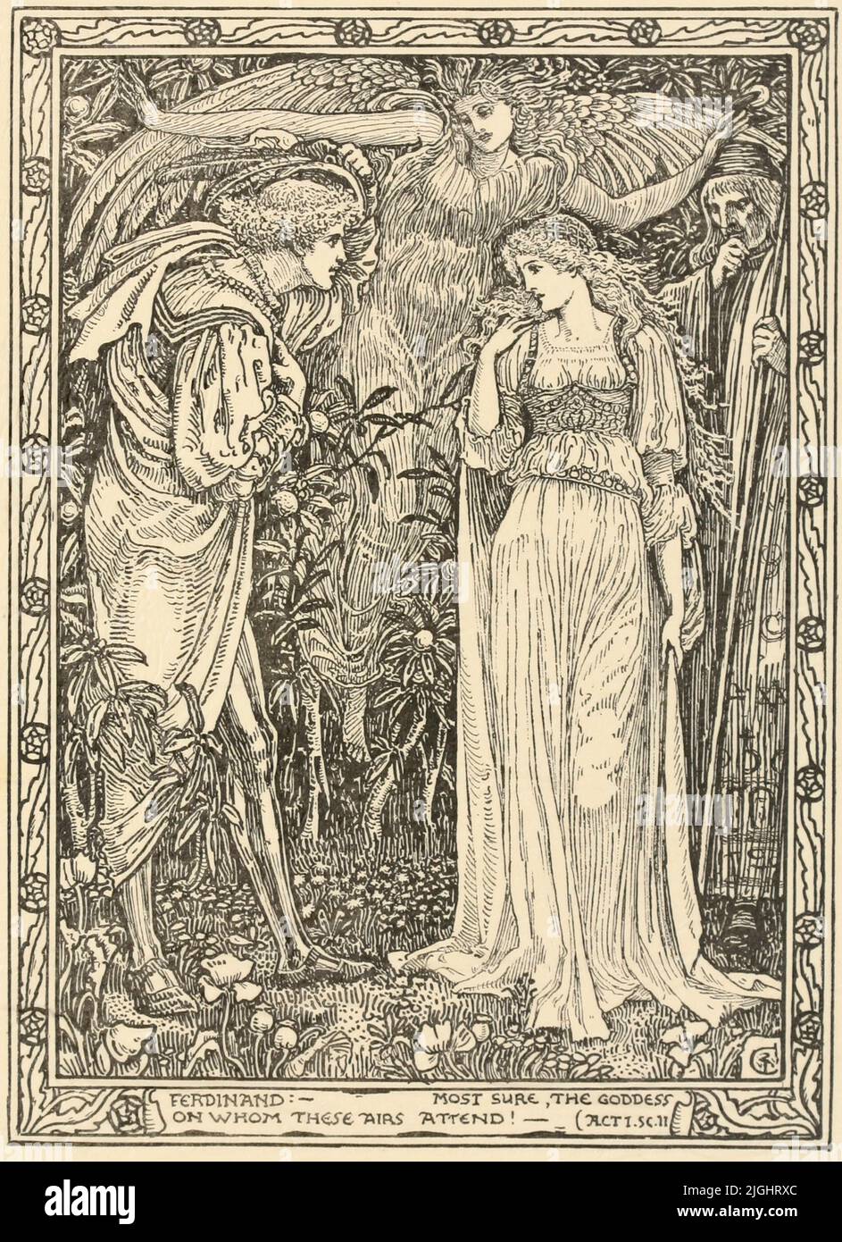 Ferdinand - Most Sure, the goddess on whom these airs attend [Act 1 Scene II] Illustrations to Shakespeare's Tempest by Walter Crane, 1845-1915; Engraved by Duncan C Dallas, Publication date 1894 Publisher London : J. M. Dent ; Boston : Copeland & Day Stock Photo