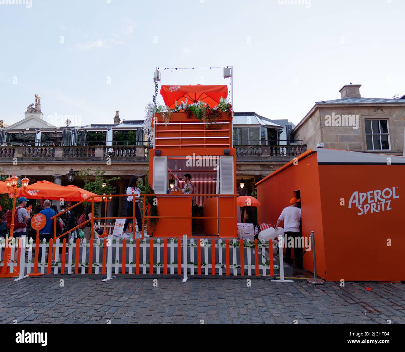 London, Greater London, England, June 15 2022: Orange Aperol Spritz stand in Convent Garden. Stock Photo