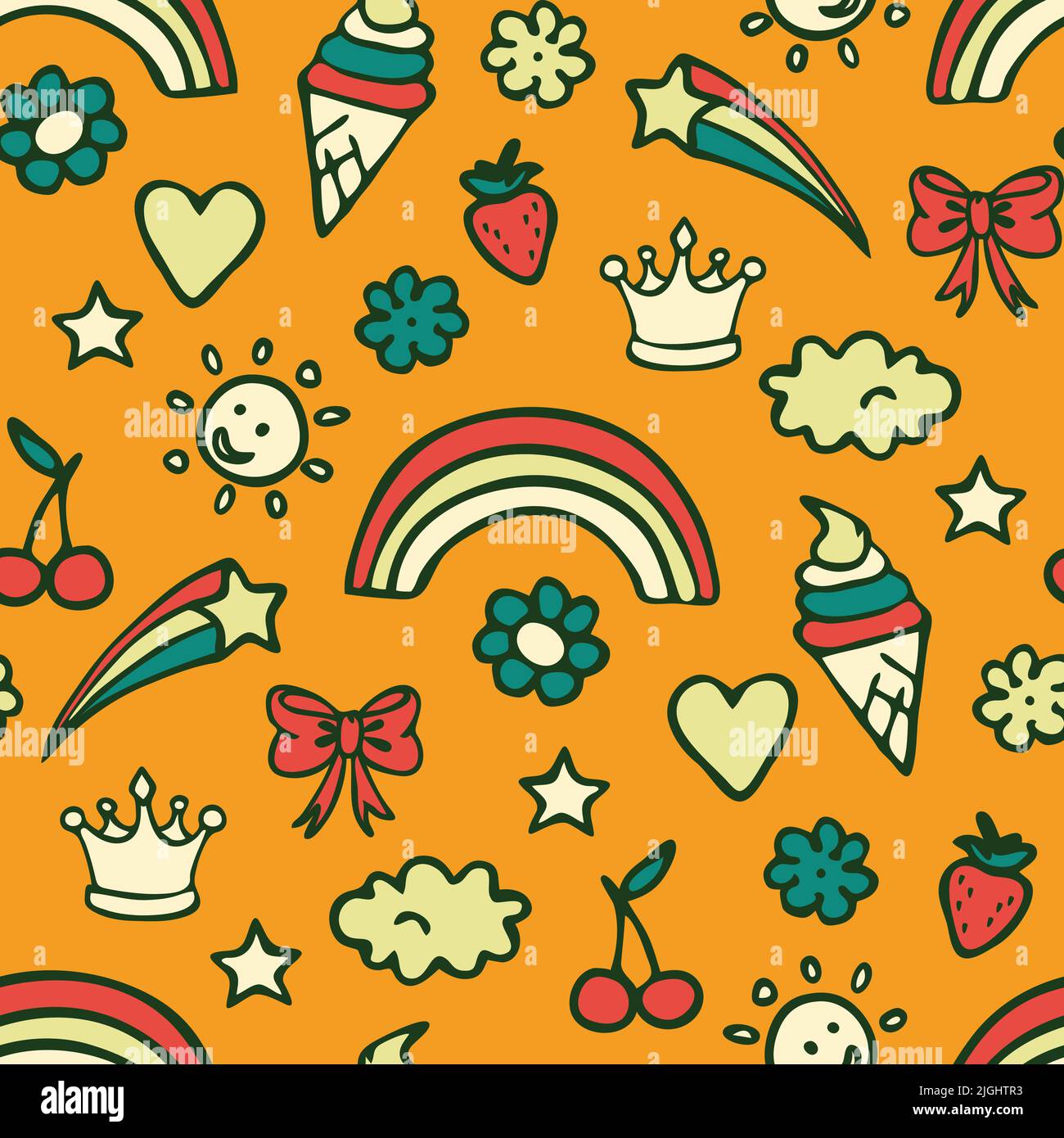 Seamless vector pattern with summer badges on yellow background. Simple decorative rainbow wallpaper design for children. Stock Vector