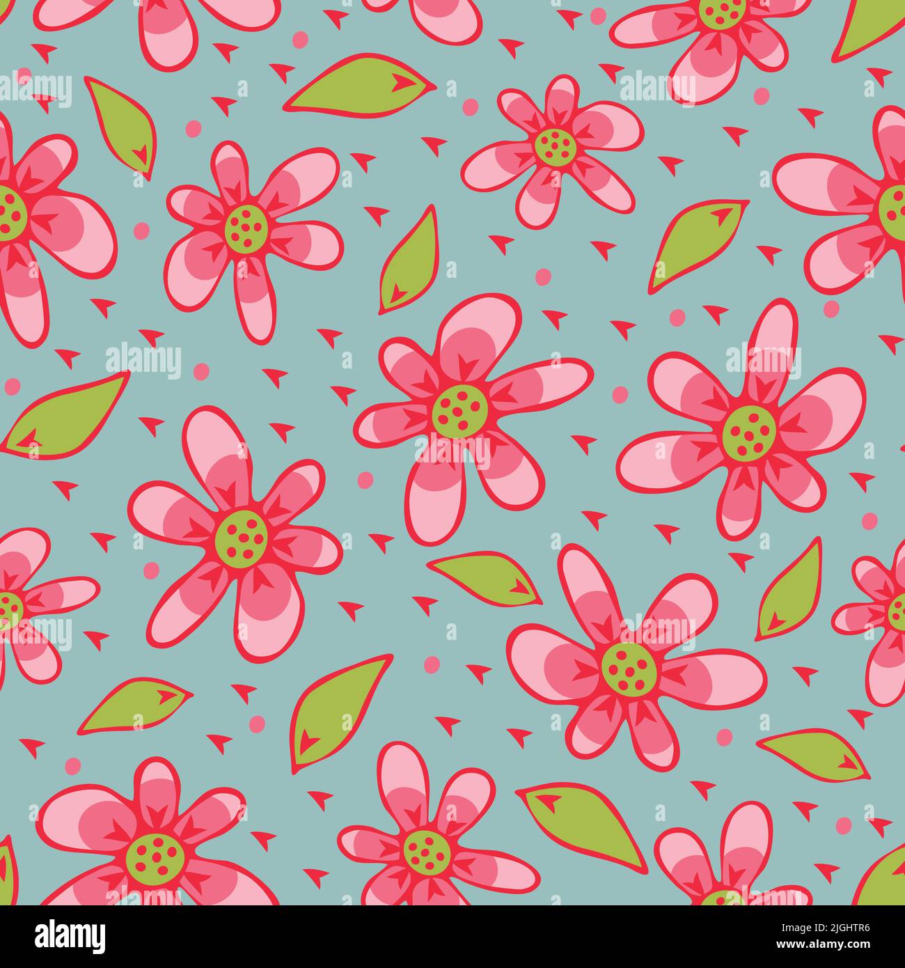 Seamless vector pattern with pink flowers on blue background. Cute floral wallpaper design. Hand drown summer garden fashion textile. Stock Vector