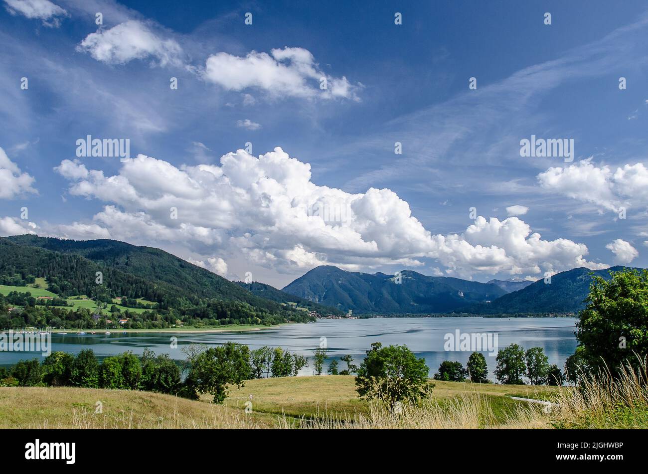 View on Lake Tegernsee on a cloudy summerday from Gut Kaltenbrunn Stock Photo