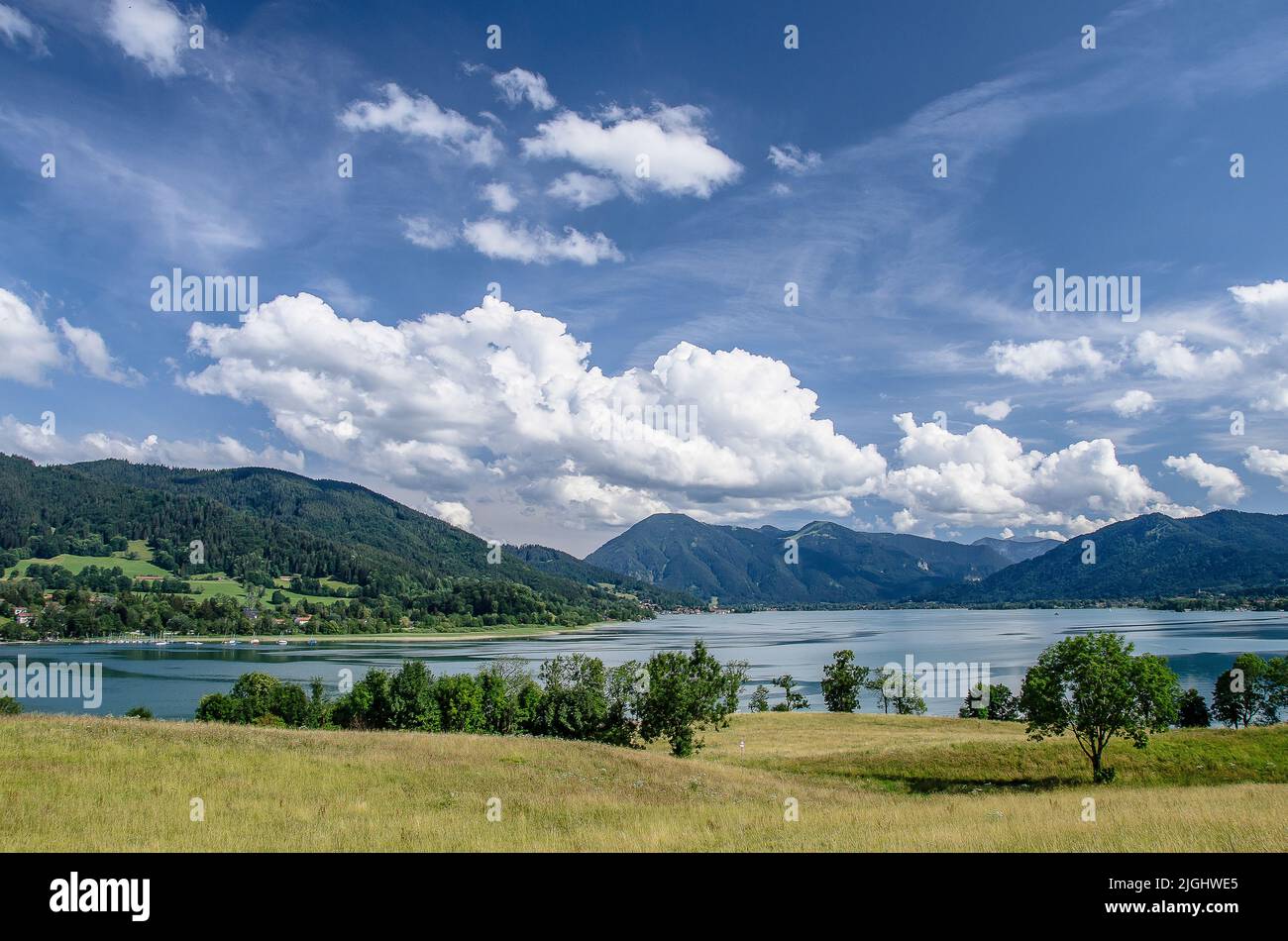 View on Lake Tegernsee on a cloudy summerday from Gut Kaltenbrunn Stock Photo