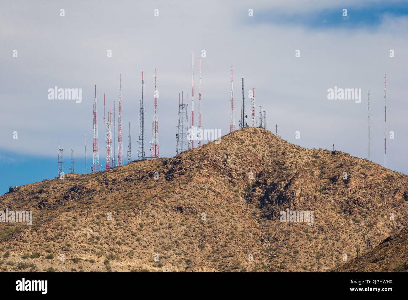 A scenic view of the television and radio towers atop South Mountain in Phoenix, Arizona. Stock Photo