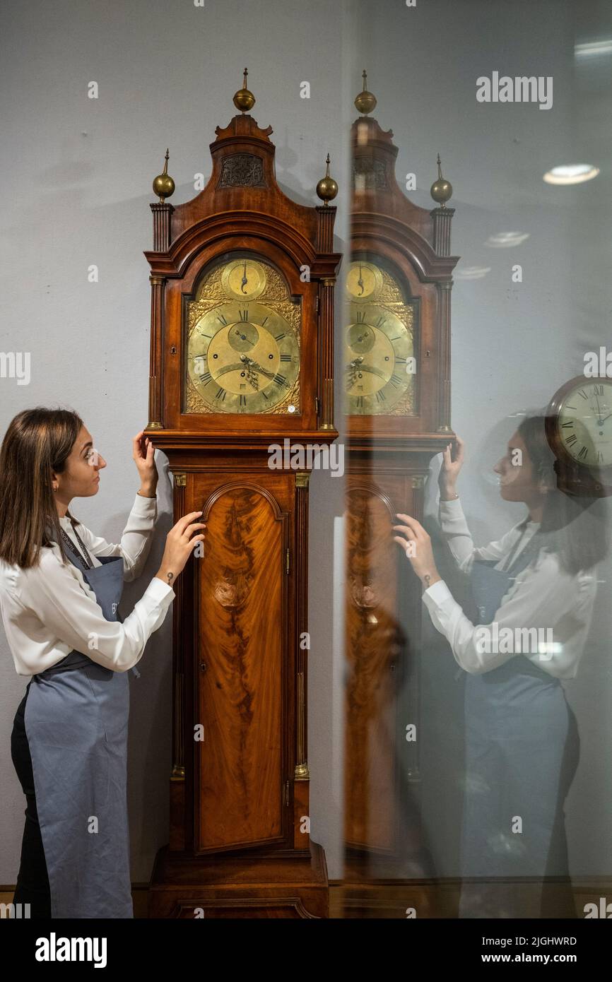 London, UK.  11 July 2022. "A good late 18th century mahogany quarter chiming longcase clock", by James Allen, London (Est. £4,000 - £6,000) at a preview of Bonhams’ Fine Clocks sale at their New Bond Street gallery. The lots will be auctioned on 14 July.  Credit: Stephen Chung / Alamy Live News Stock Photo