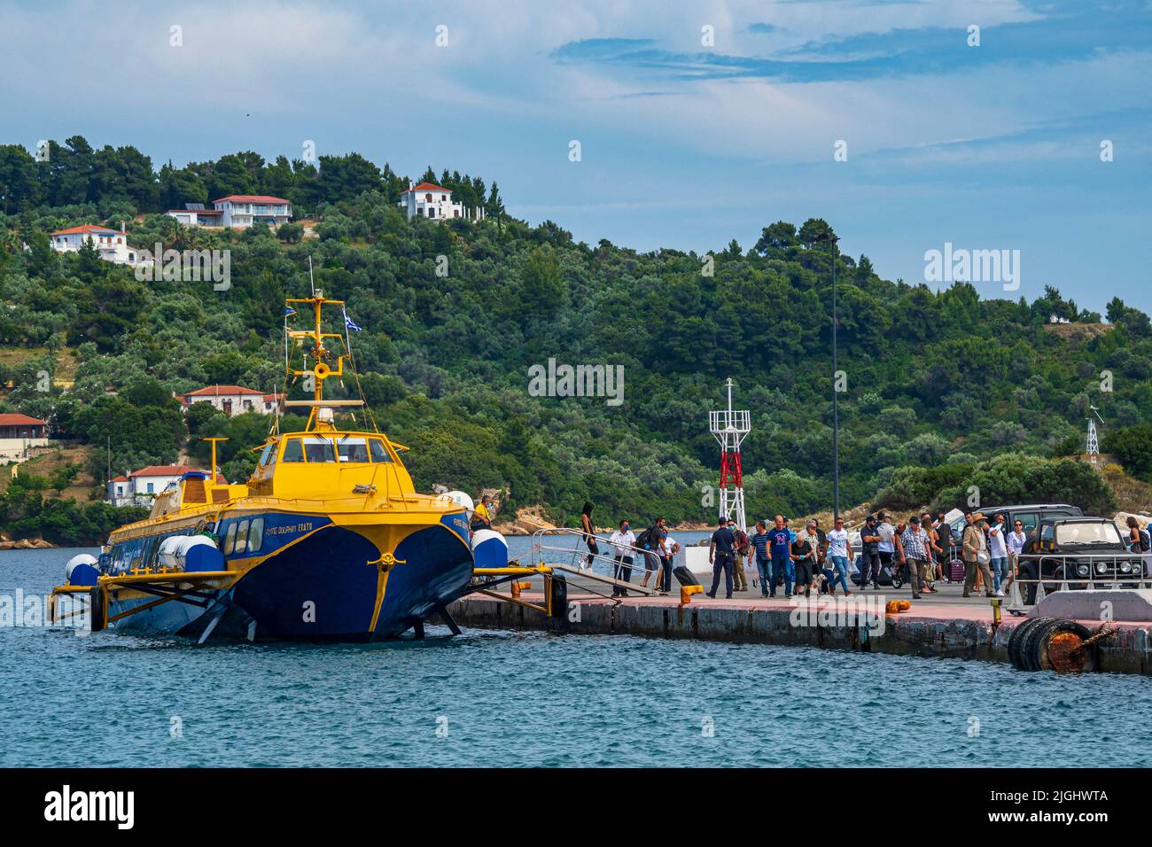 Erato flying dolphin boat from Aegean company arrives in Skiathos island, Sporades, Greece Stock Photo