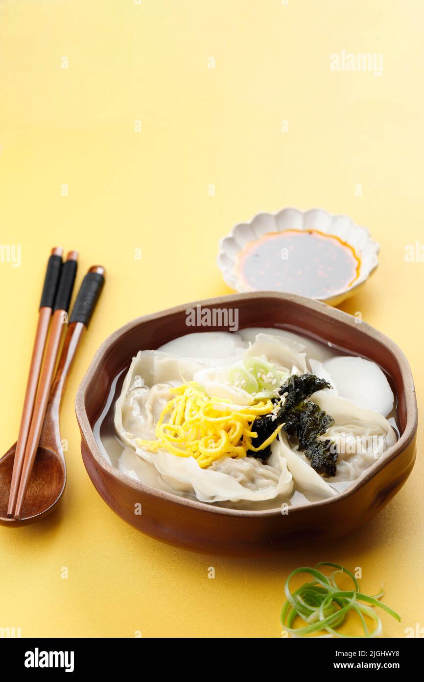 Korean traditional food Sliced Rice Cake Soup ,Tteok and Dumpling Soup