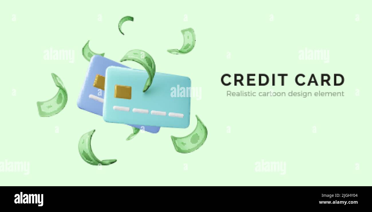 Cartoon style green and blue flying credit card with green paper currency. Banking operation. Financial transactions and payments. Credit card for onl Stock Vector