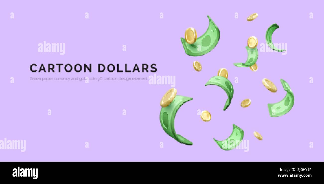 Falling 3D cartoon money. Realistic green currency and gold coin. Financial and business success or casino jackpot. Vector illustration Stock Vector