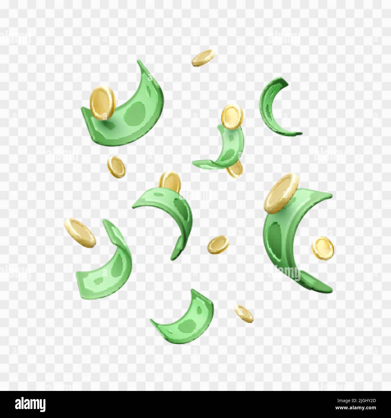 Money rain. Falling 3D cartoon style paper dollars and gold coins. Casino win or business success. Vector illustration isolated on transparent backgro Stock Vector