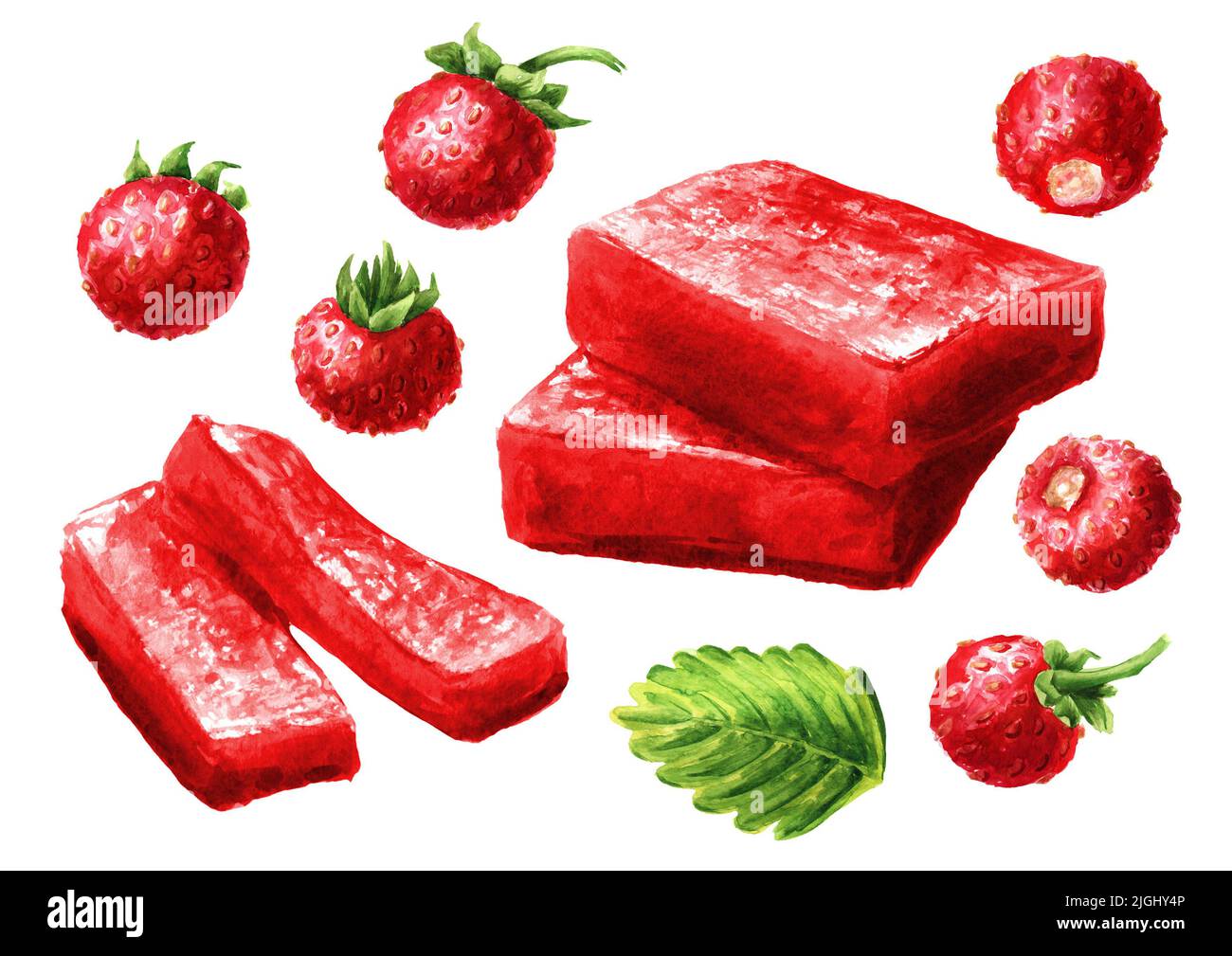 Homemade forest strawberrie marmalade, jam, jelly set. Hand drawn