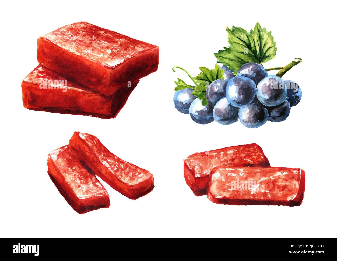 Homemade grape marmalade, jam, jelly set. Hand drawn watercolor