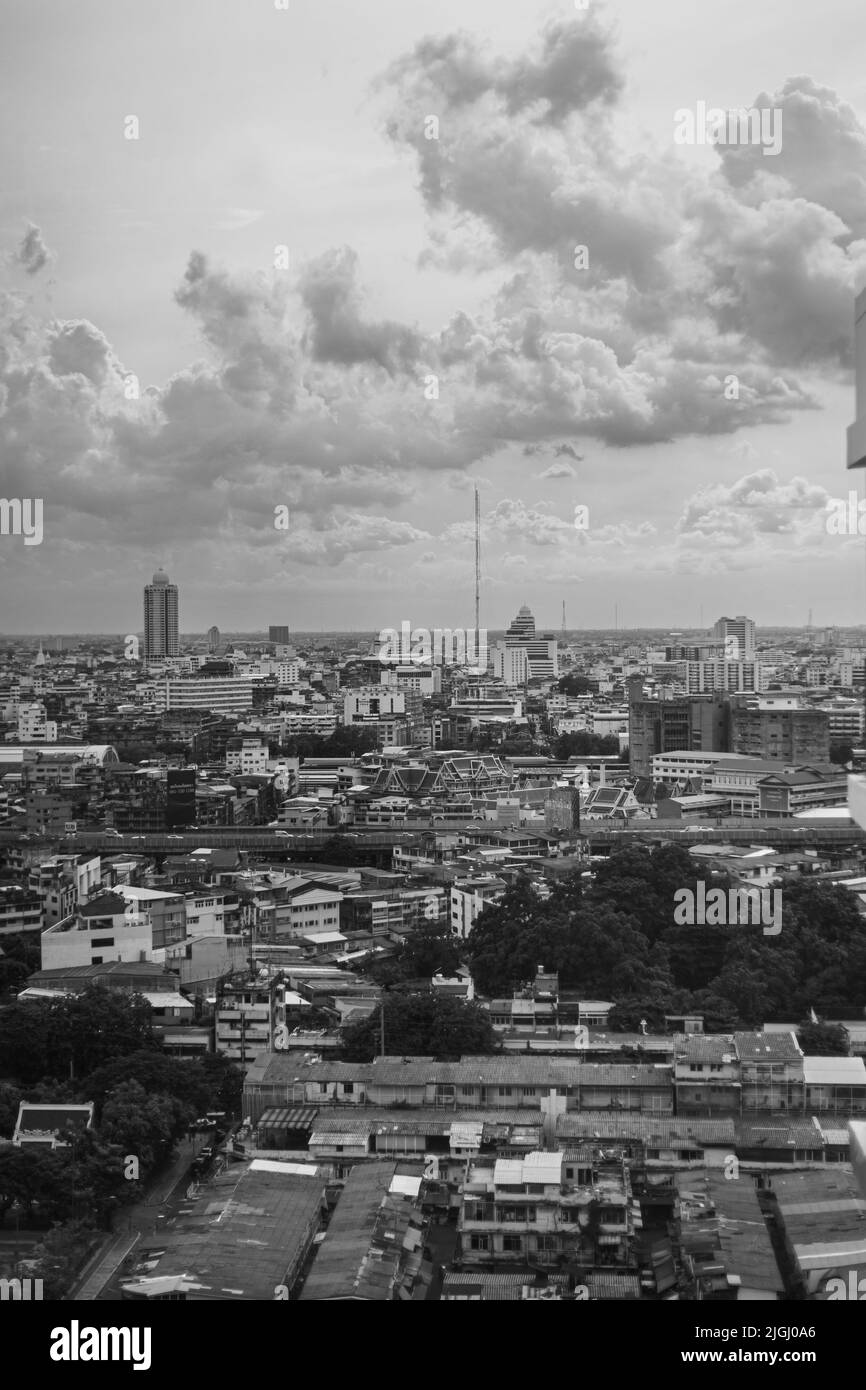 A vertical grayscale shot of the Bangkok city skyline, Thailand Stock ...