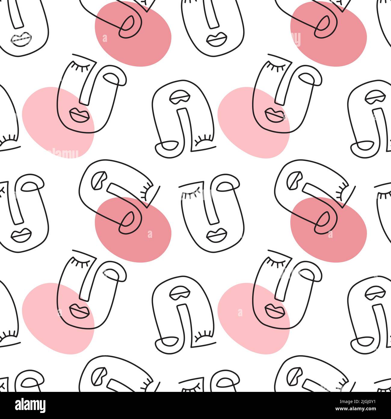 People one line drawing women faces seamless pattern Stock Vector