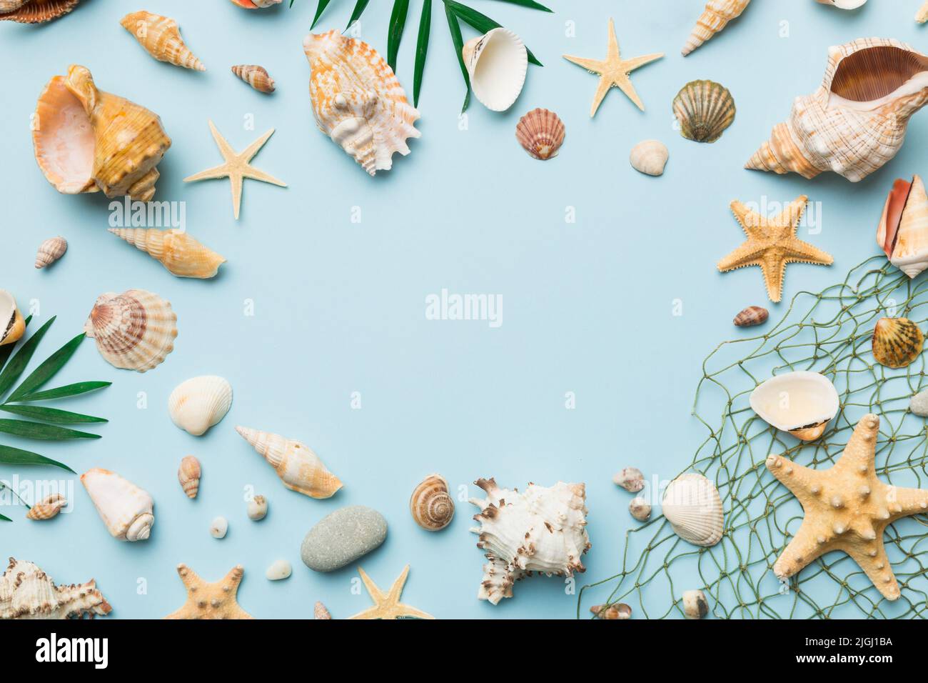 Summer time concept Flat lay composition with beautiful starfish and ...