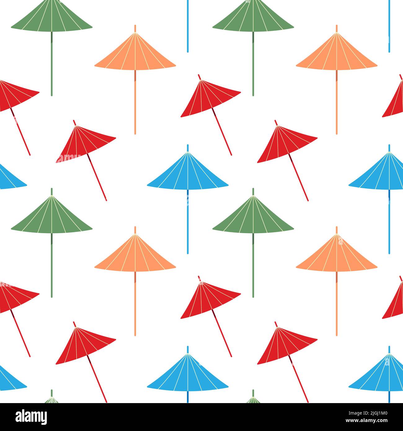 Bright summer pattern with an abstract image of colorful cocktail umbrellas in trendy hues on a white background. Suitable for print, flyer, pattern. Stock Vector