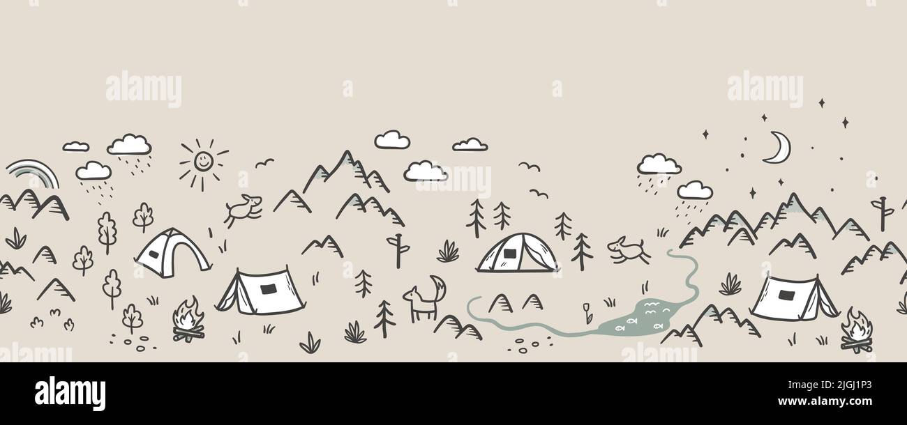 Cute hand drawn vector seamless pattern with camping doodles, tents ...
