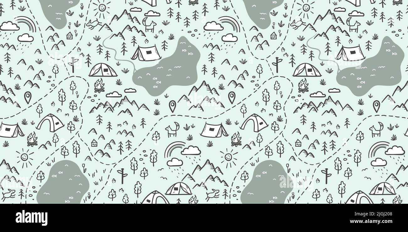 Cute hand drawn vector seamless pattern with camping doodles, tents ...