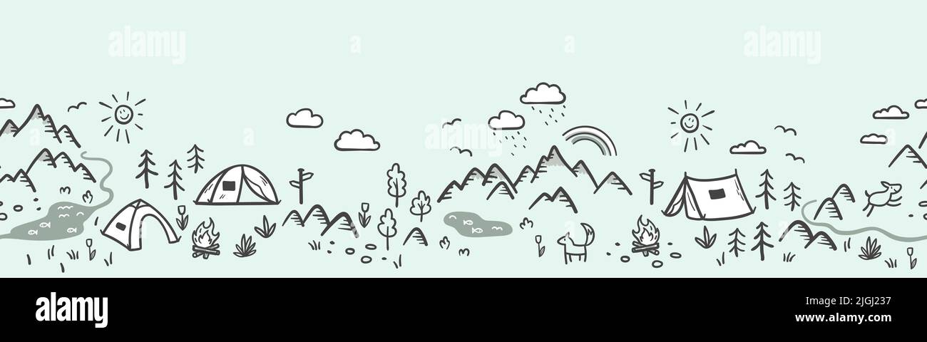 Cute hand drawn vector seamless pattern with camping doodles, tents ...