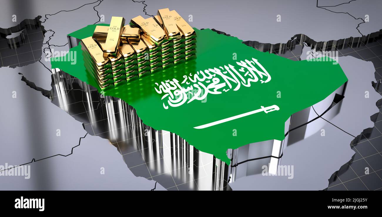 Gold Saudi Map Saudi Arabia map and flag, gold ingots - 3D illustration Stock Photo ...